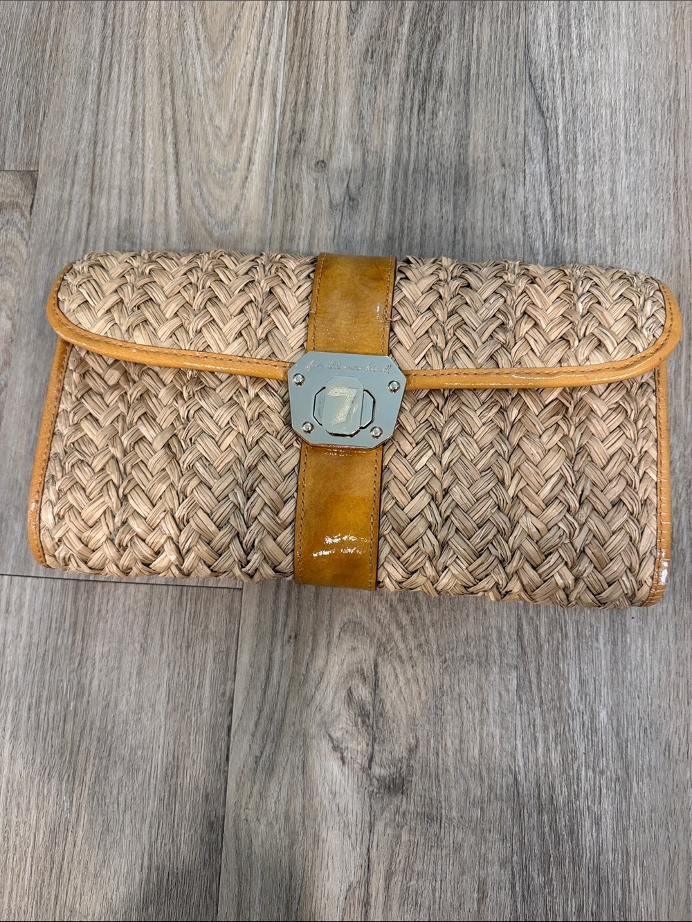 7 For All Mankind Woven Straw Clutch with Honey Patent Strap